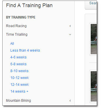 Training plan search menu