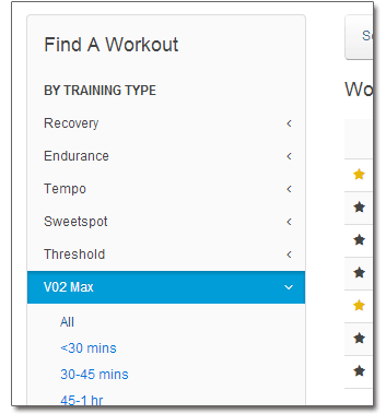 Workout search menu